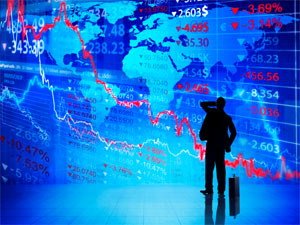 graphic of man standing in front of blue world map with stock market numbers