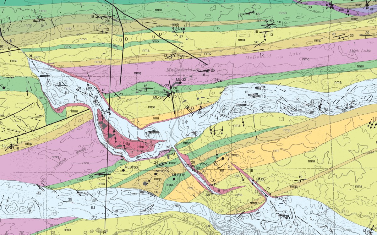 Clipped portion of the STATEMAP-funded M-199 map, Bedrock Geology of the Mark Lake Quadrangle, Cook County, Minnesota (2018).