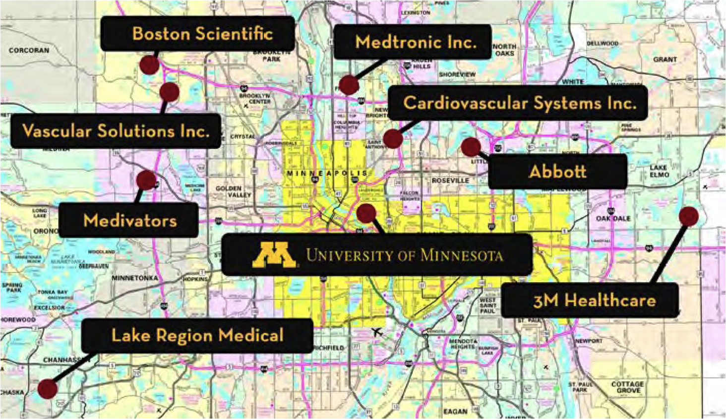 Map of Twin Cities showing University of Minnesota in the center of a cluster of cardiovascular device companies (Medtronic, Vascular Solutions, Boston Scientific, Abbott, Lake Region Medical, Medivators, 3M Healthcare)