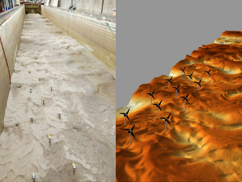 Photo of a turbine array, and an image of a topographical scan of the same turbine array 