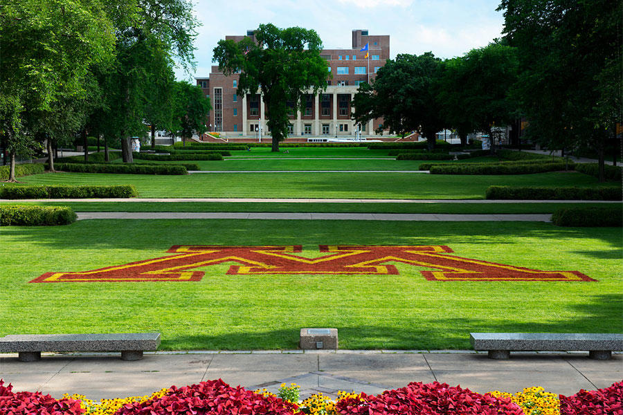 The lawn of the University of Minnesota mall, looking toward Northrop Auditorium