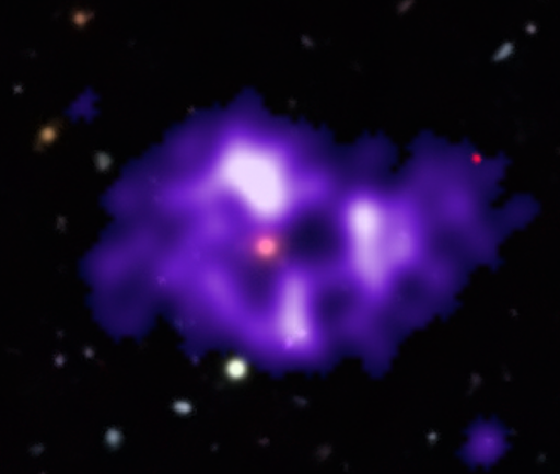 Radio image in purple of SAURON, a mysterious ring of emission almost a million light years across.  At its center is a giant elliptical galaxy, seen here in a picture from the Dark Energy Survey, at a distance of a billion light years from Earth.