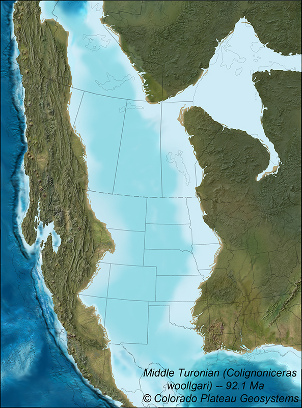 Reconstructed paleogeography of North America during the Middle Turonian (about 92 million years ago) showing the extent of the Western Interior Seaway.