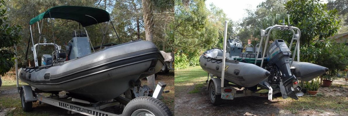2 views of zodiac boat: grey inflatable rigid hull boat with a motor